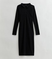New Look Tall Black Ribbed Long Sleeve Midi Polo Dress